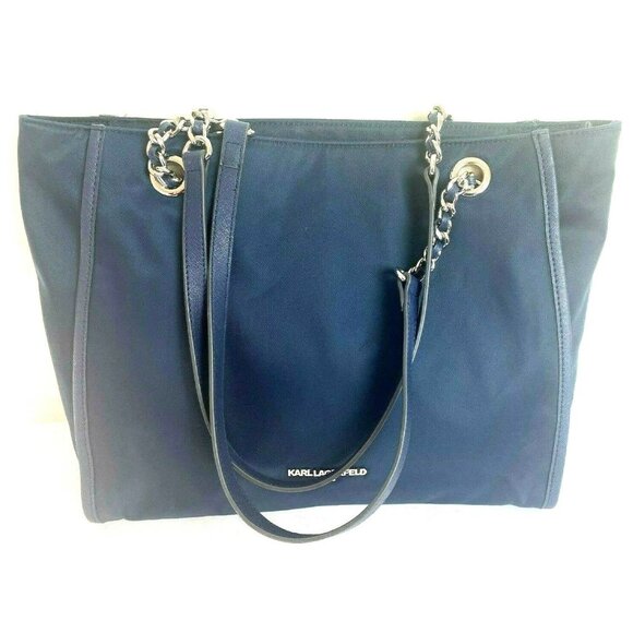 Karl Lagerfeld Paris Large Navy Blue Nylon Tote Chain Handles Shoulder Bag - Picture 12 of 12